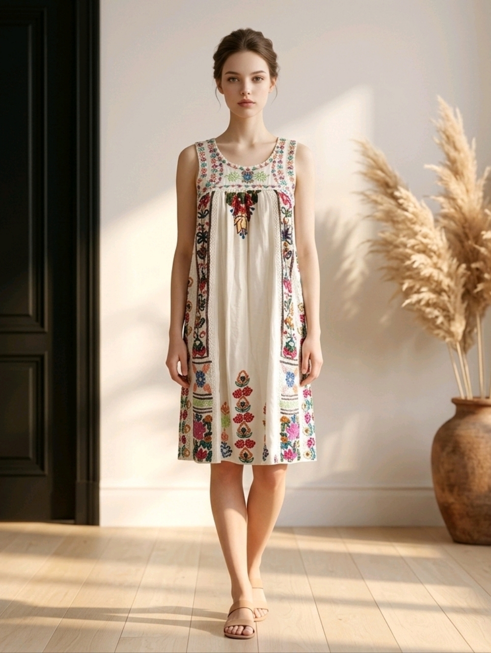 Kavita Bhartia x Anthropologie Embroidered Ivory Tank Shift Dress XS Floral Boho